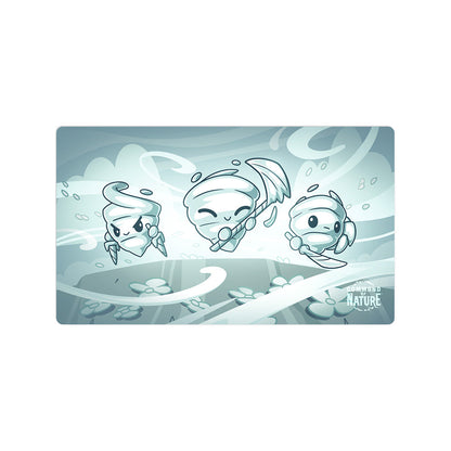 Three animated characters in white-themed attire float over a stylized, swirling landscape with leaves and patterns, under the title "Command of Nature: Sand & Wind Expansion Play Mat Set" by Unstable Games.