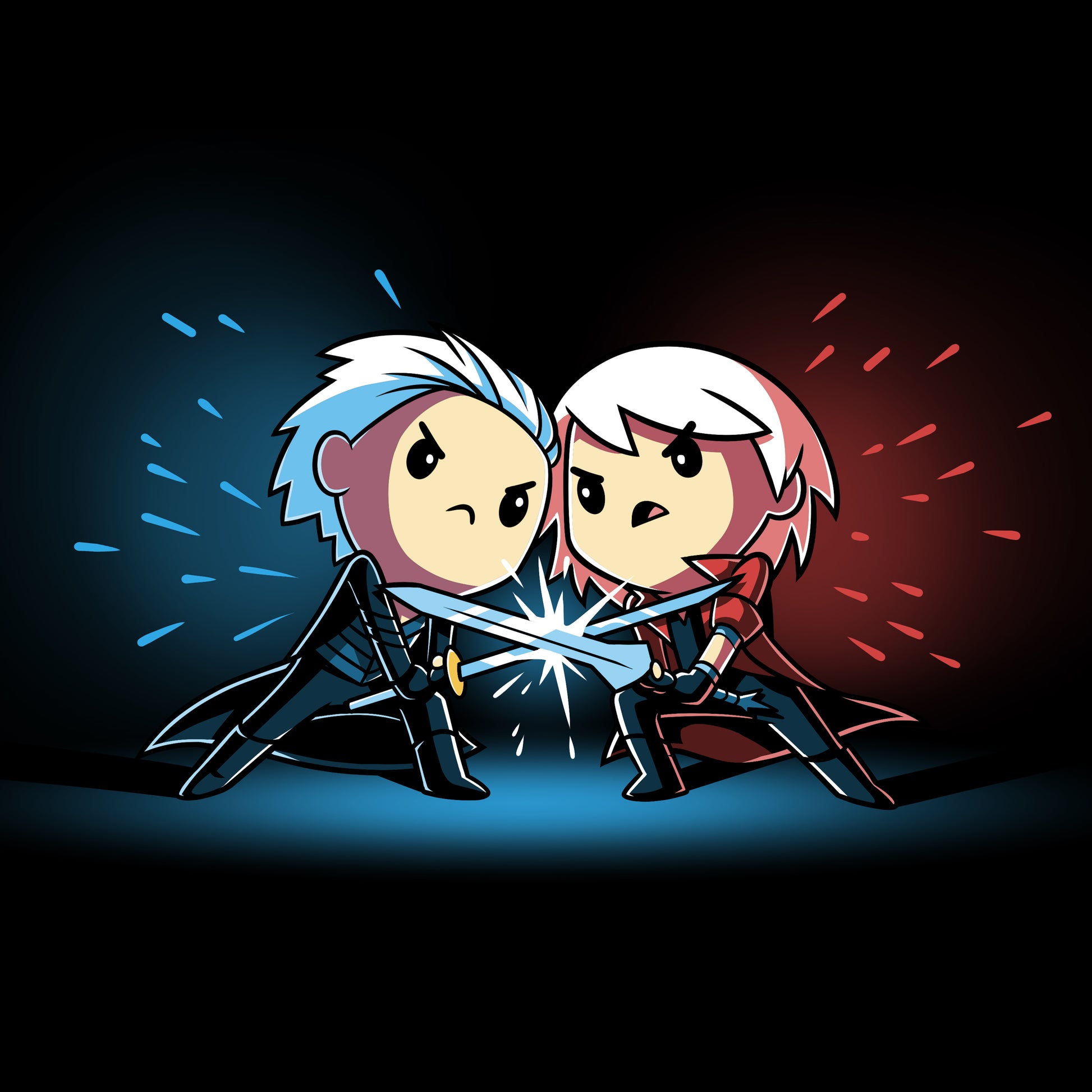 Officially licensed product "Dante Vs. Vergil" by the brand Capcom, characters Dante and Vergil engage in an epic lightsaber duel reminiscent of Devil May Cry.