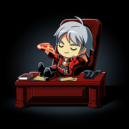 A Dante's Pizza cartoon character sitting in a chair.