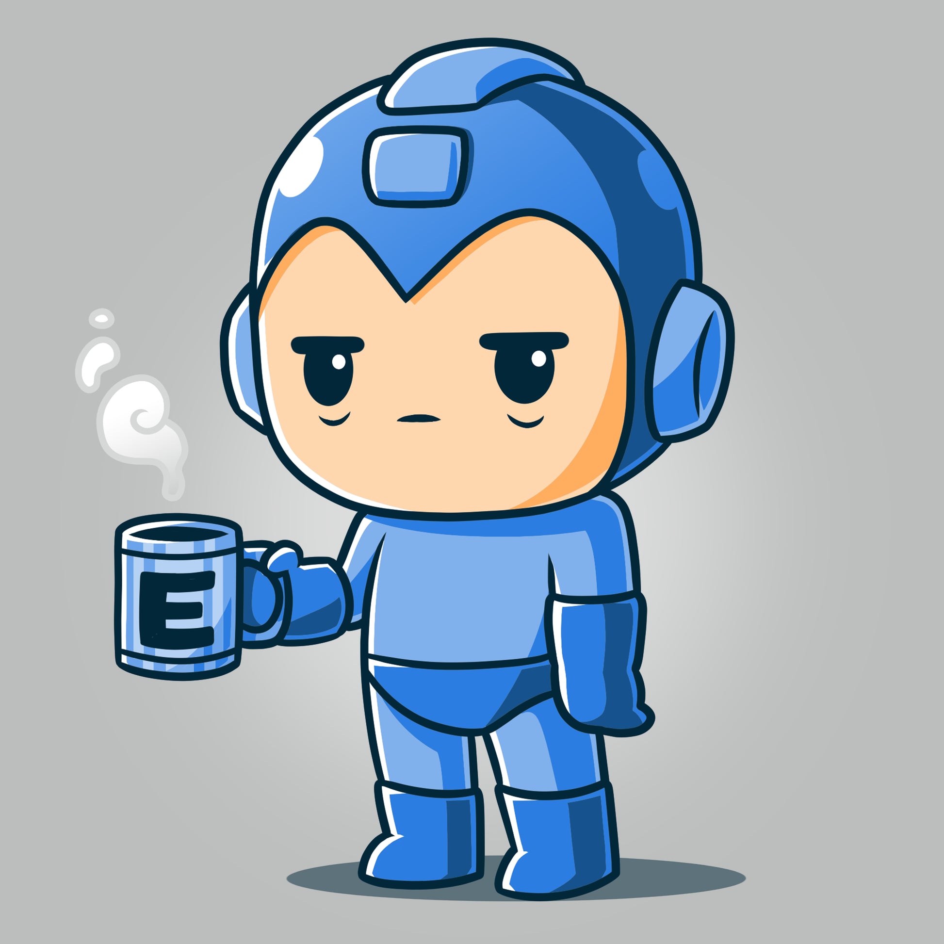 A blue Energy Capsule Needed Mega Man holding a cup of coffee. (Brand: Capcom)