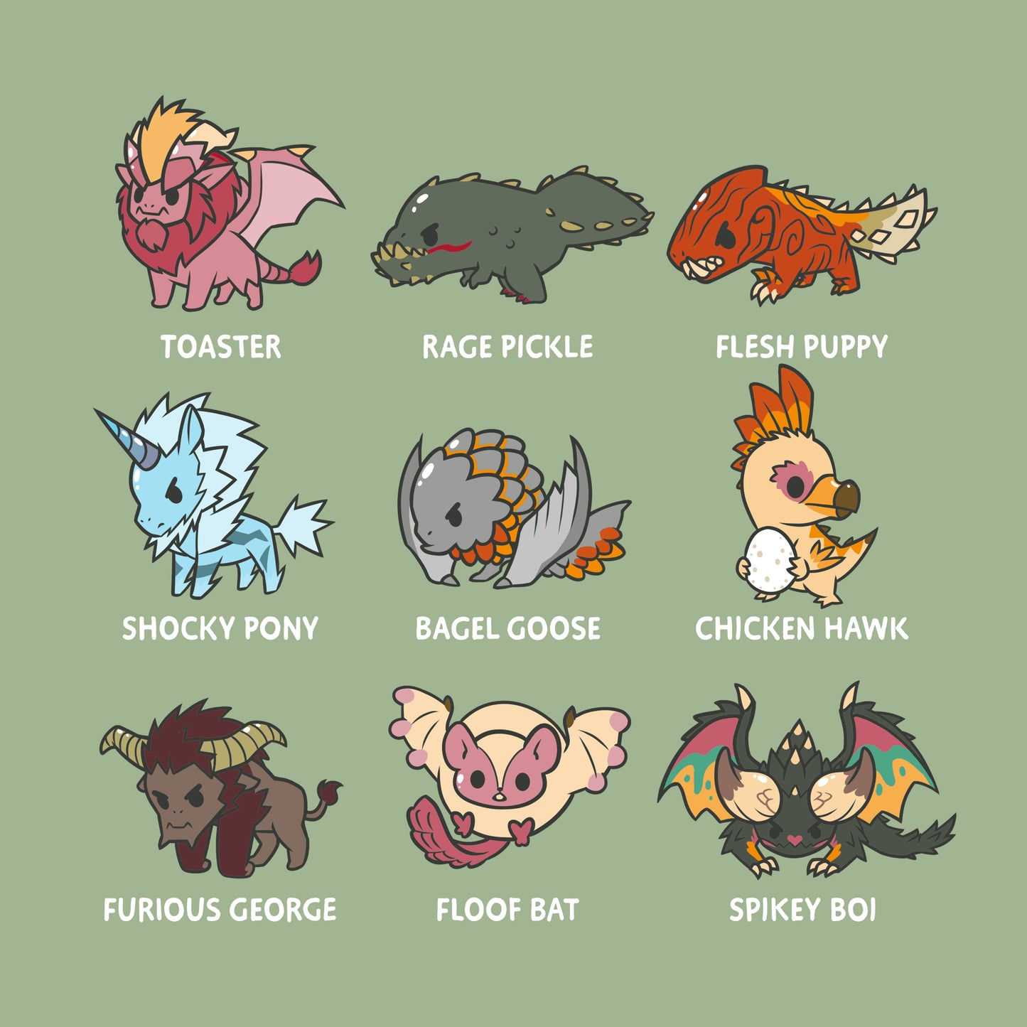 A group of different animals with different names, the Derpy Monster Hunter Grid from Monster Hunter.