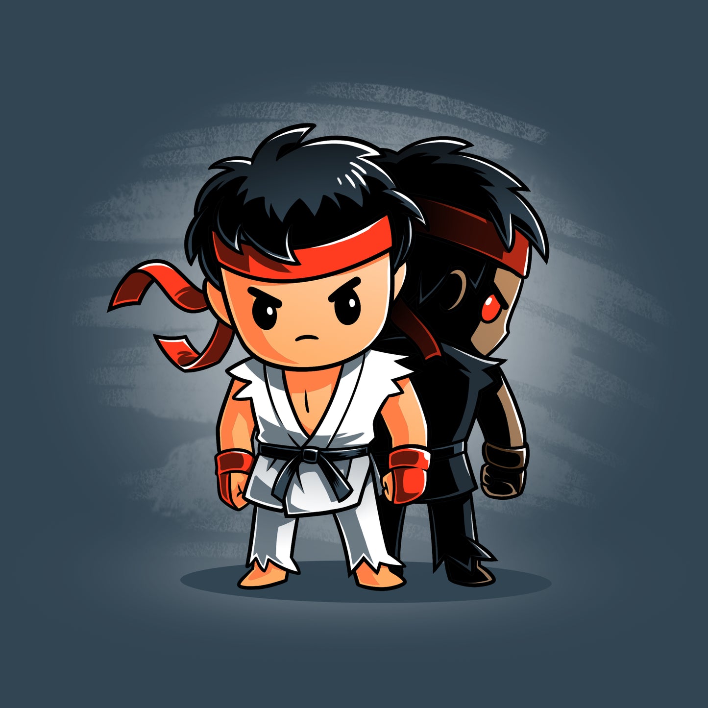Two Street Fighter characters standing next to each other wearing T-shirts representing the Satsui no Hado, featuring Ryu and Evil Ryu from Capcom.