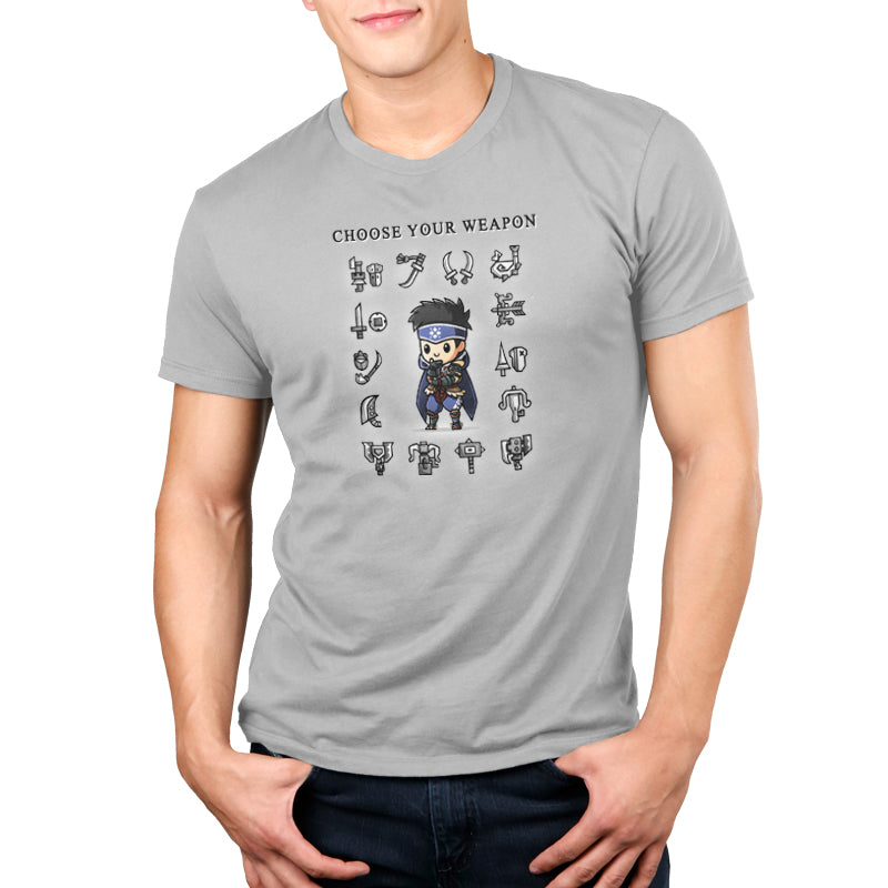 A man wearing an officially licensed Monster Hunter Choose Your Weapon t-shirt.