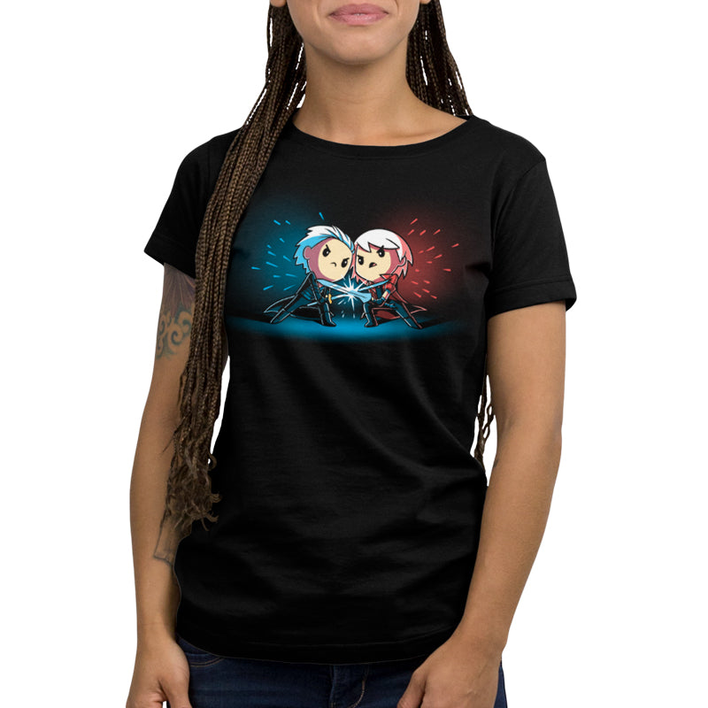 A woman wearing an officially licensed Capcom men's black t-shirt with an image of Dante vs. Vergil.