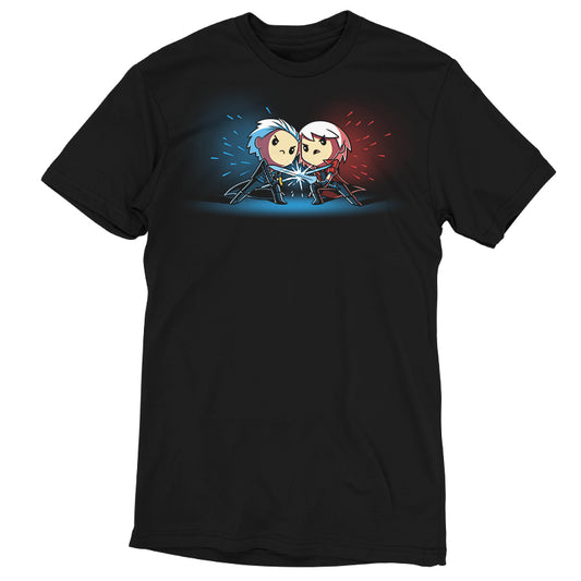 An officially licensed men's black T-shirt featuring the Dante Vs. Vergil cartoon characters by Capcom.