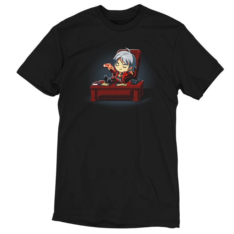 An officially licensed Dante's Pizza t-shirt featuring Dante sitting in a chair, accompanied by a pizza. (Brand Name: Capcom)
