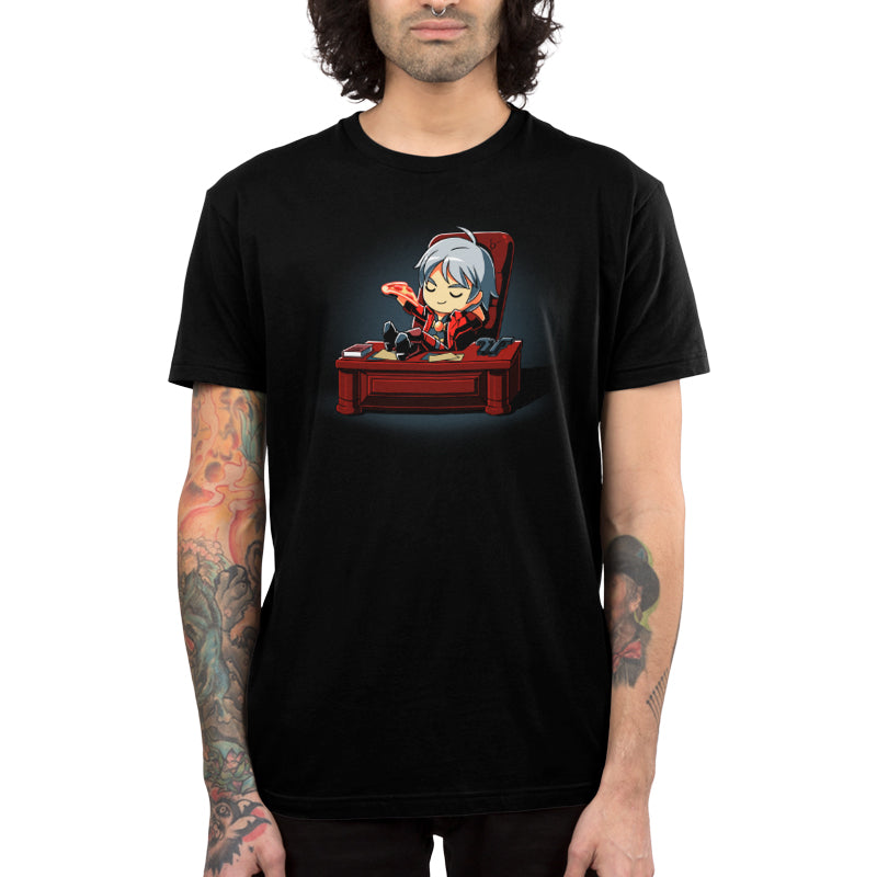 An edgy Dante's Pizza themed black t-shirt featuring a seated man, produced by Capcom.