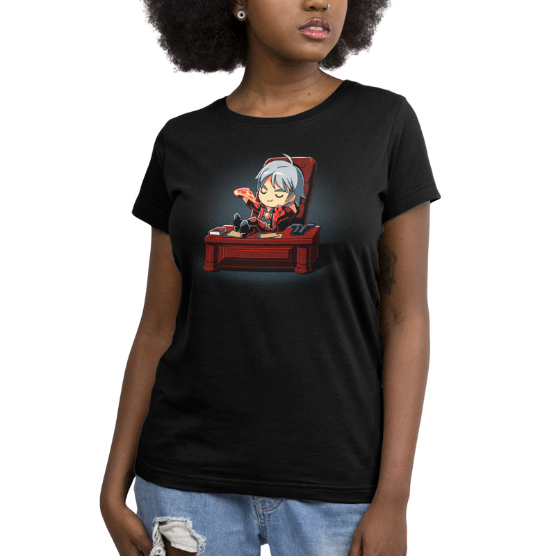 A Dante's Pizza-inspired women's black T-shirt with an image of an anime character sitting in a chair by Capcom.