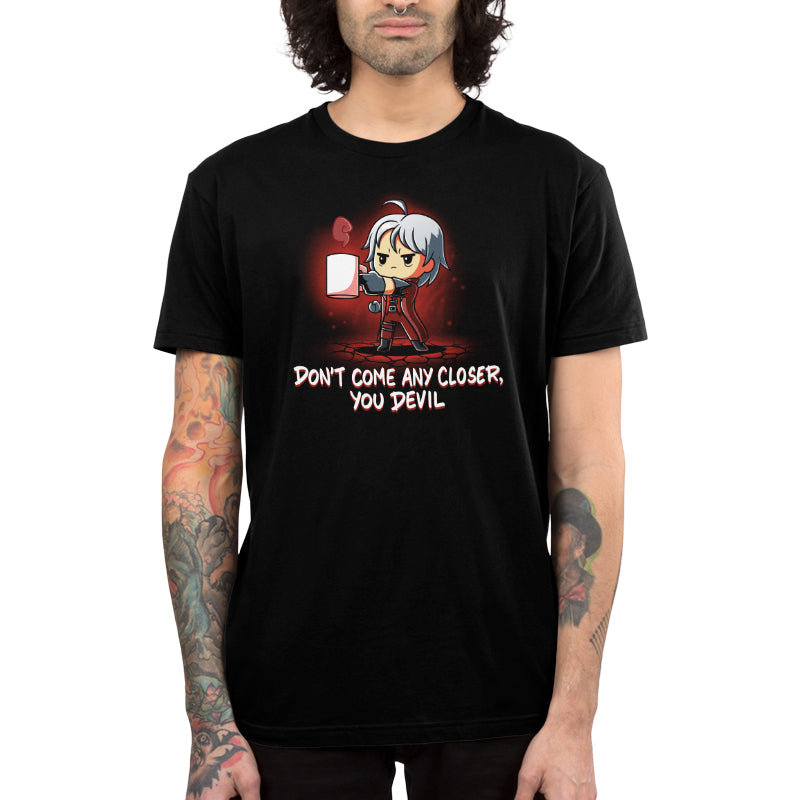 A black Devil May Cry T-shirt featuring an image of Dante wielding a gun called "Don't Come Any Closer, You Devil".
