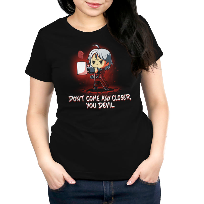 A woman wearing an officially licensed Devil May Cry men's t-shirt featuring the phrase "Don't Come Any Closer, You Devil.