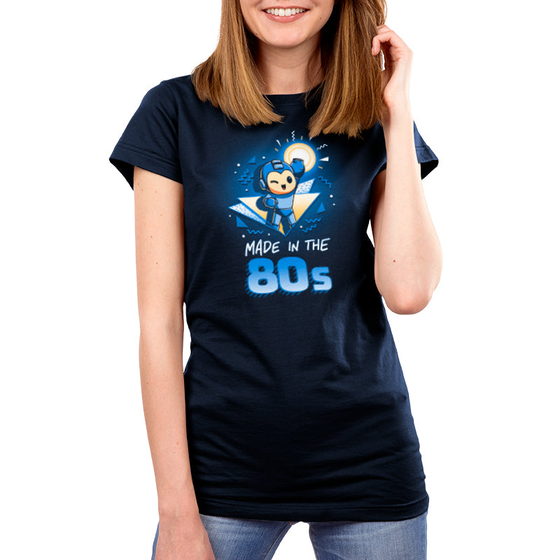 A woman wearing an officially licensed retro Made in the 80s Mega Man t-shirt by Capcom.