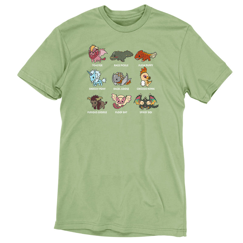 A Derpy Monster Hunter Grid t-shirt with different animals on it.