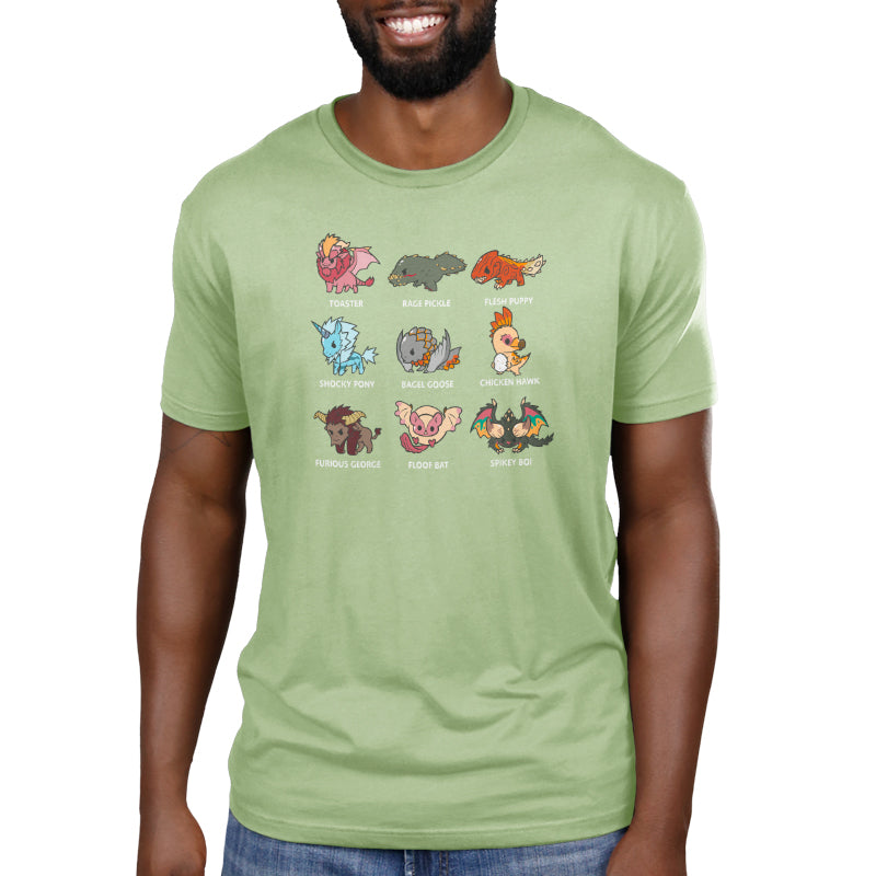A man wearing a green t-shirt with the Derpy Monster Hunter Grid from Monster Hunter brand on it.