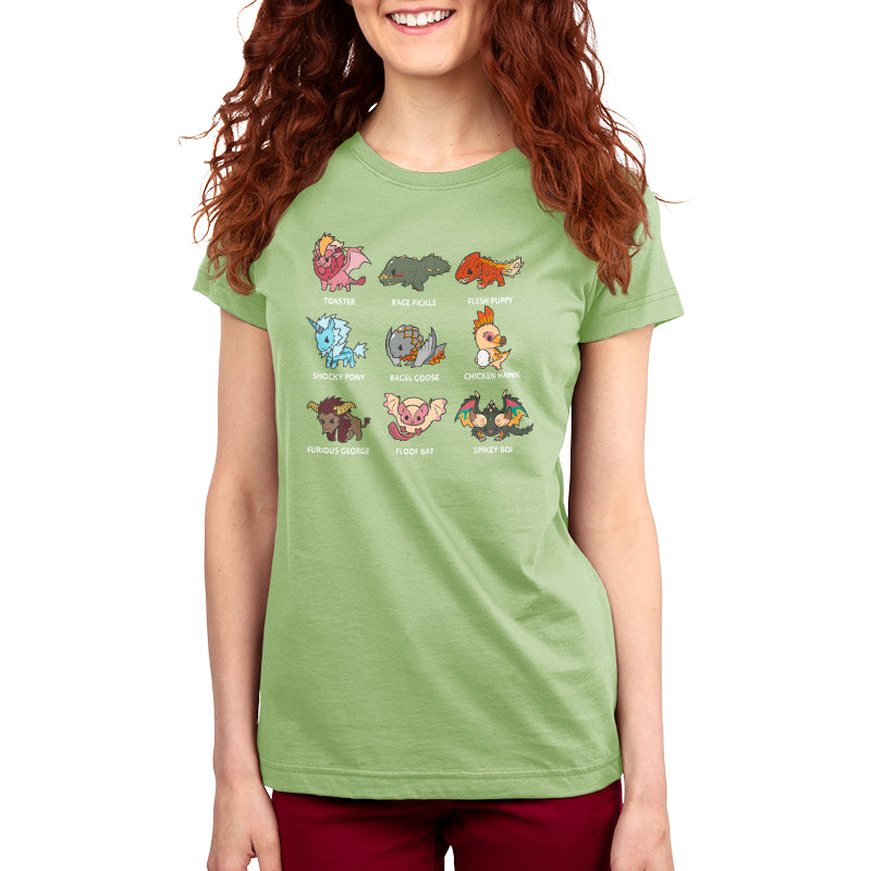 A women's green Derpy Monster Hunter Grid t-shirt with a variety of animals on it by Monster Hunter.