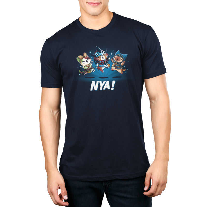 A Nya Felynes-themed men's t-shirt featuring the iconic "nva" design, perfect for Monster Hunter enthusiasts.