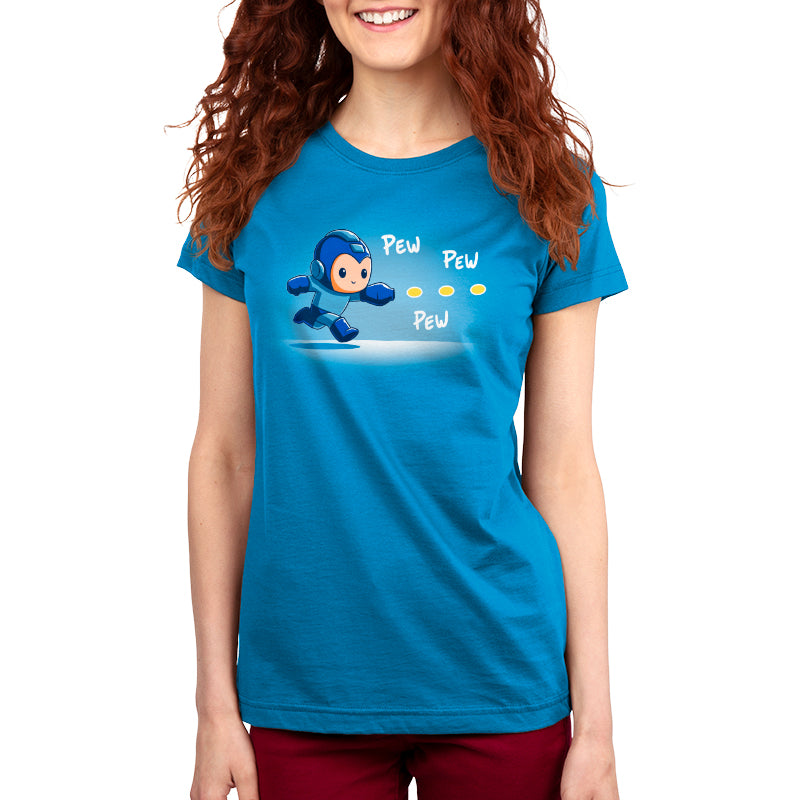 A blue officially licensed Pew Pew Mega Man women's t-shirt with a cartoon character running by Capcom.