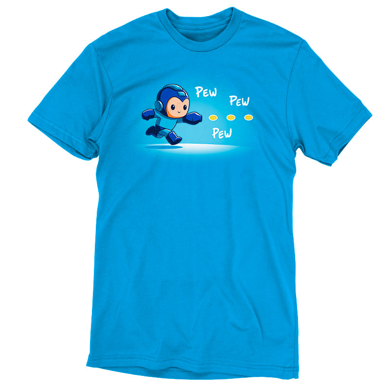 An officially licensed Pew Pew Mega Man unisex tee featuring a blue robot running by Capcom.