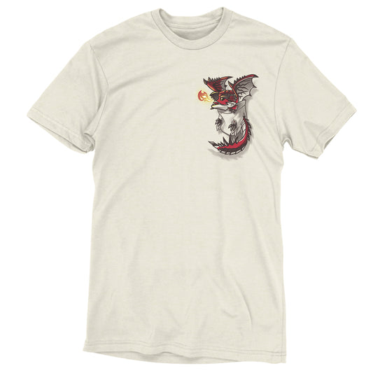 A white T-shirt with a Rathalos in Your Pocket dragon from Monster Hunter on it.