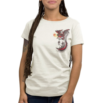 A woman wearing a t-shirt with Rathalos in Your Pocket, a Monster Hunter dragon on it.
