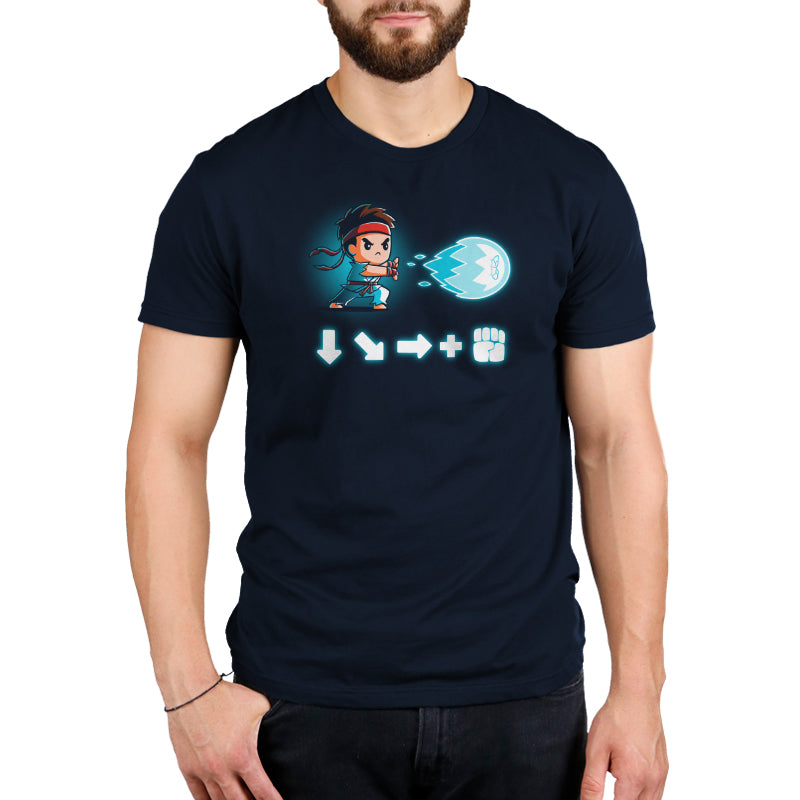 A man wearing a Capcom comfort t-shirt with an image of Ryu Combo playing a game.