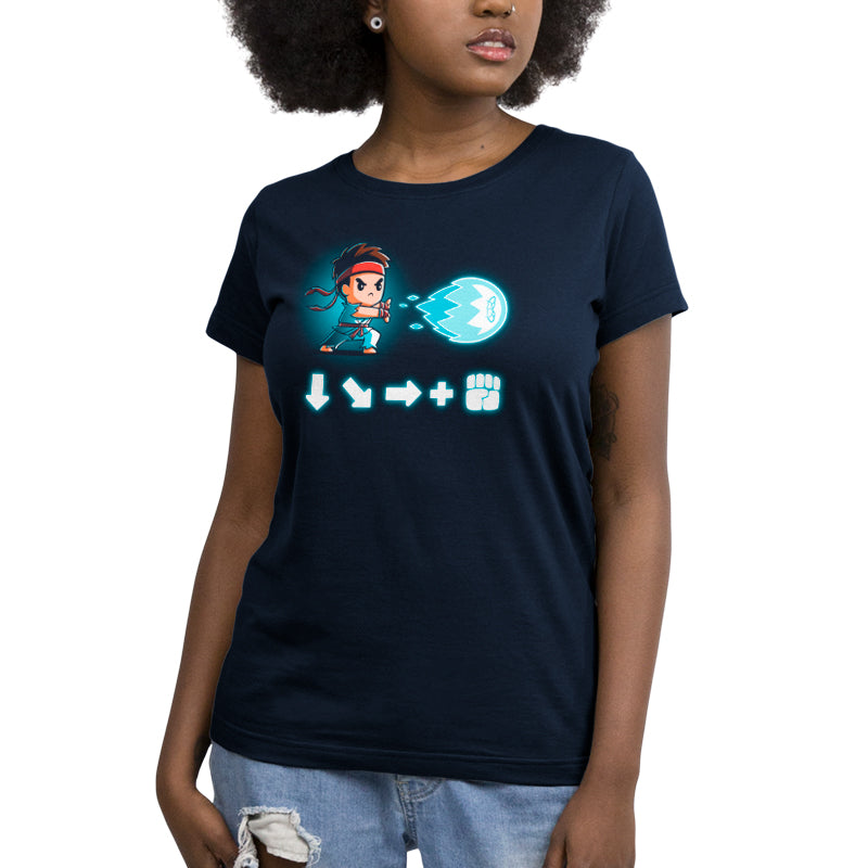 A woman wearing a casual fit Capcom women's t-shirt with an image of Ryu Combo.