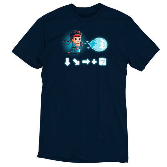 Officially licensed Ryu Combo blue t-shirt with a boy and rocket image.