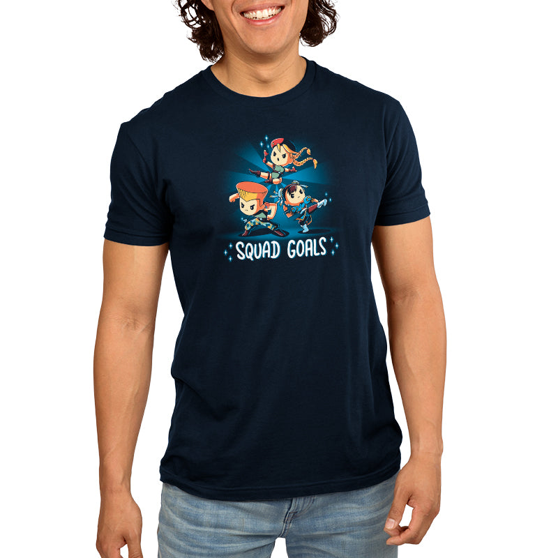 A man wearing a licensed Capcom Street Fighter Squad Goals t-shirt.