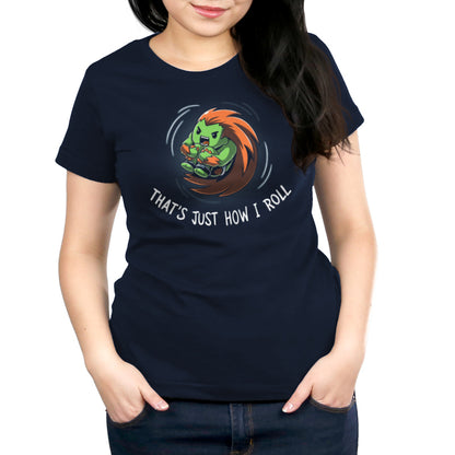 A woman wearing an officially licensed That's Just How I Roll (Blanka) t-shirt from Capcom featuring Blanka from the Rolling Attack video game.