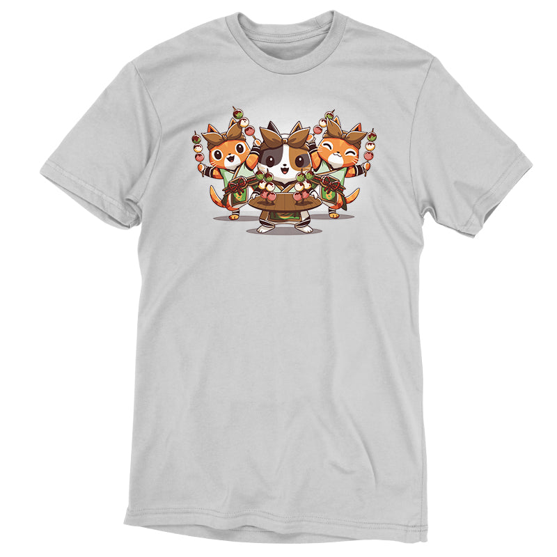 A white Monster Hunter T-shirt featuring three Village Chef Felynes.