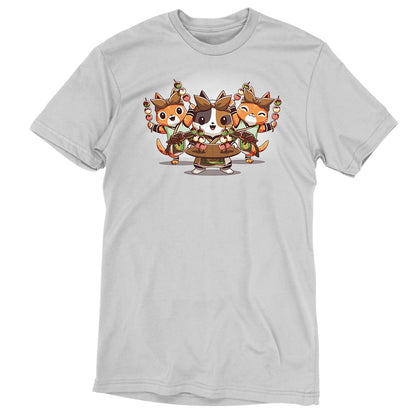 A white Monster Hunter T-shirt featuring three Village Chef Felynes.