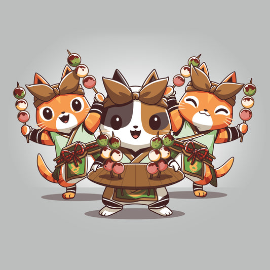 A group of Village Chef Felynes dressed in kimono and holding fruit, featured on a Monster Hunter T-shirt.