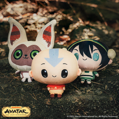 Cloudheads: 5" Momo, Cloudheads: 5" Toph, and Cloudheads: 5" Aang sitting on  rock with other rocks and nature elements in the background