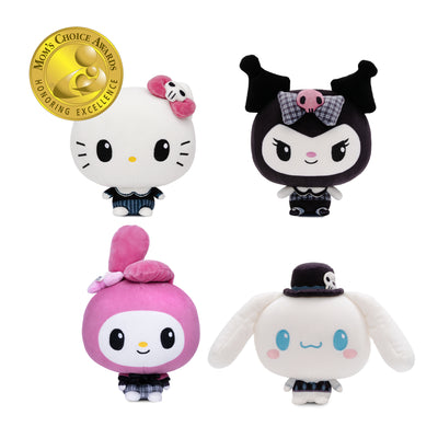 Four Sanrio Haunted House Cloudheads plushies arranged on a white background: Hello Kitty, Kuromi, My Melody, and Cinnamoroll. A gold Mom's Choice Awards honoring excellence badge appears in the top left corner.