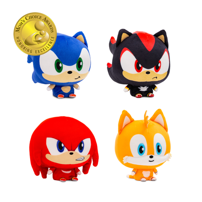 Four Sonic the Hedgehog Cloudheads - Sonic, Knuckles, Shadow, and Tails. They have big heads and tiny bodies and there is a Mom's Choice Awards badge in the upper left corner.