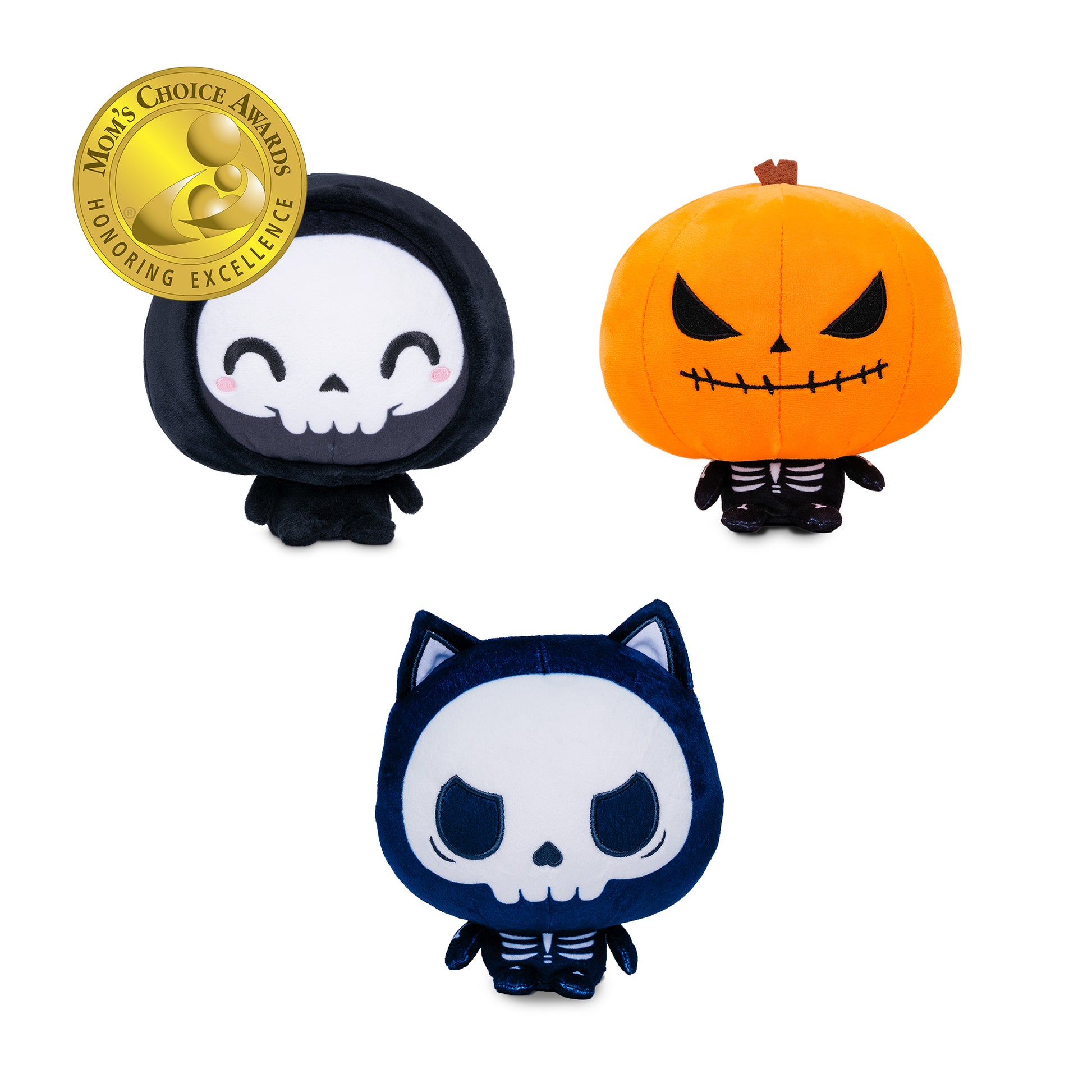 Cloudheads: 5" Halloween Bundle. Three Halloween Cloudheads, a smiling grim reaper, a skeleton cat and a pumpkin headed skeleton, on a white background with a "Mom's Choice Award" badge in the upper left. 