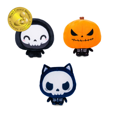 Cloudheads: 5" Halloween Bundle. Three Halloween Cloudheads, a smiling grim reaper, a skeleton cat and a pumpkin headed skeleton, on a white background with a "Mom's Choice Award" badge in the upper left. 