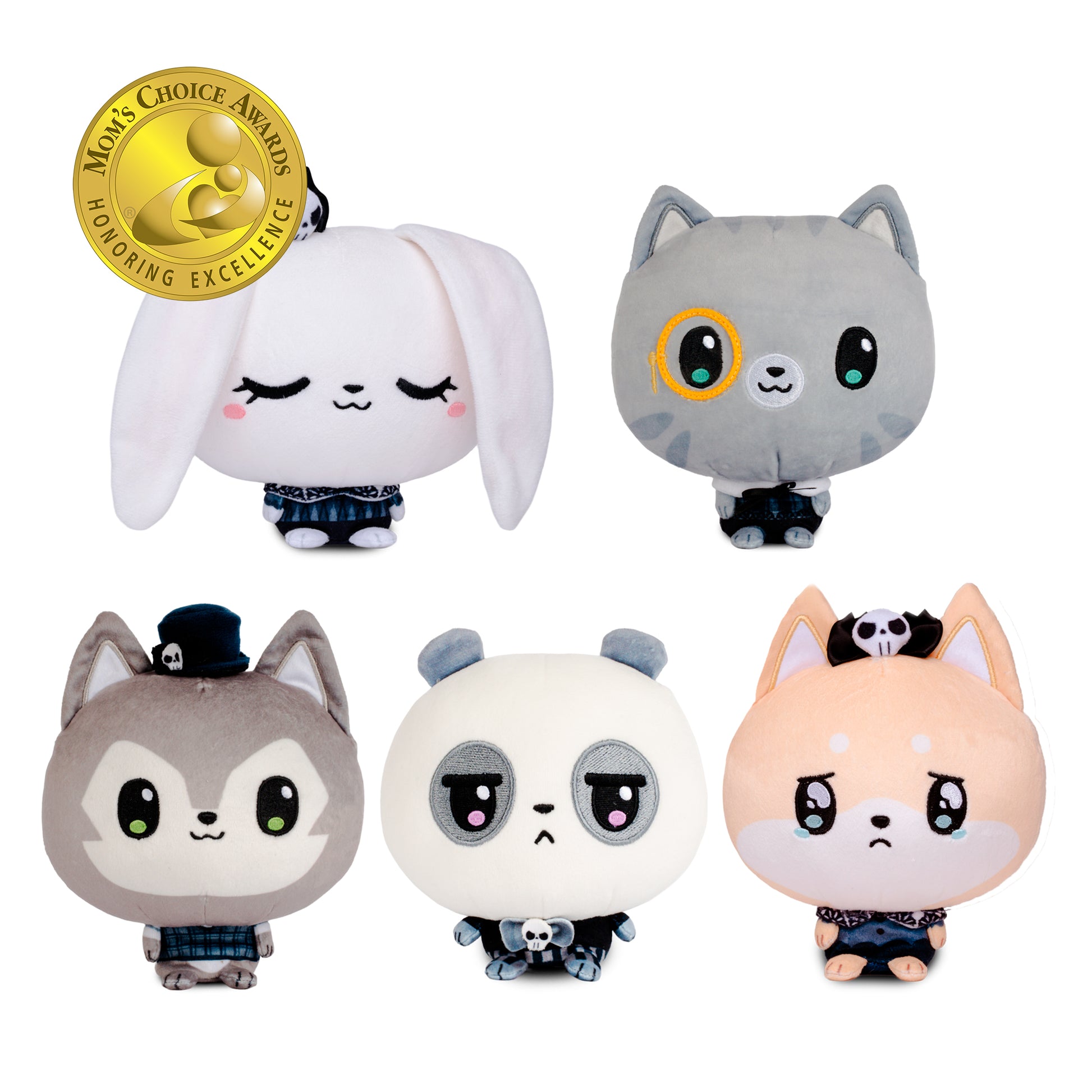 Five cute plush toys arranged on a white background: a white bunny with long ears, a gray cat , a gray fwolf with a black hat, a panda with a sad expression, and a peach-colored dog with a black bow. A gold circular award badge appears in the top left.