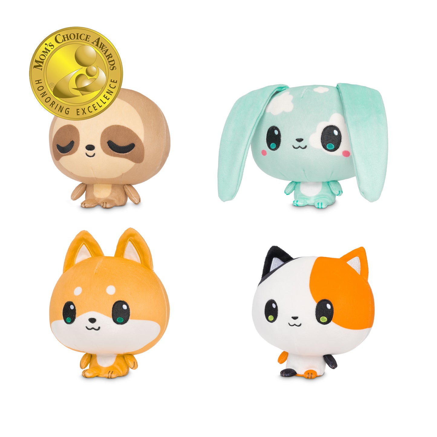 Cloudheads: 5" Sloth (Comet), Cloudheads: 5" Cloud Bunny (Nimbus), Cloudheads: 5" Shiba Inu (Miso), and Cloudheads: 5" Calico Cat (Honeybean) with a Mom's Choice Awards badge