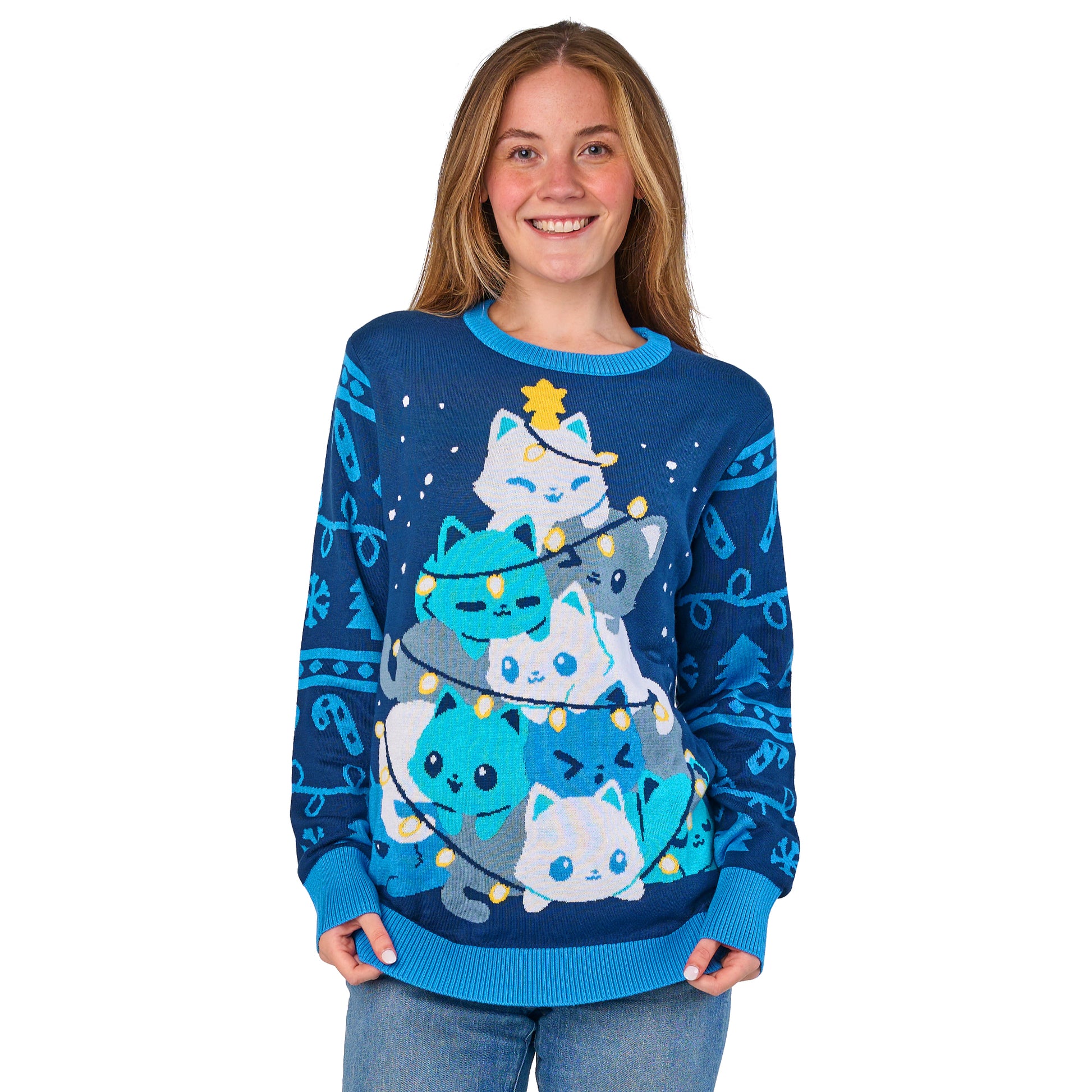 Knit Sweater_TeeTurtle Meowy Christmas Sweater apparel featuring a holiday tree made out of cats.