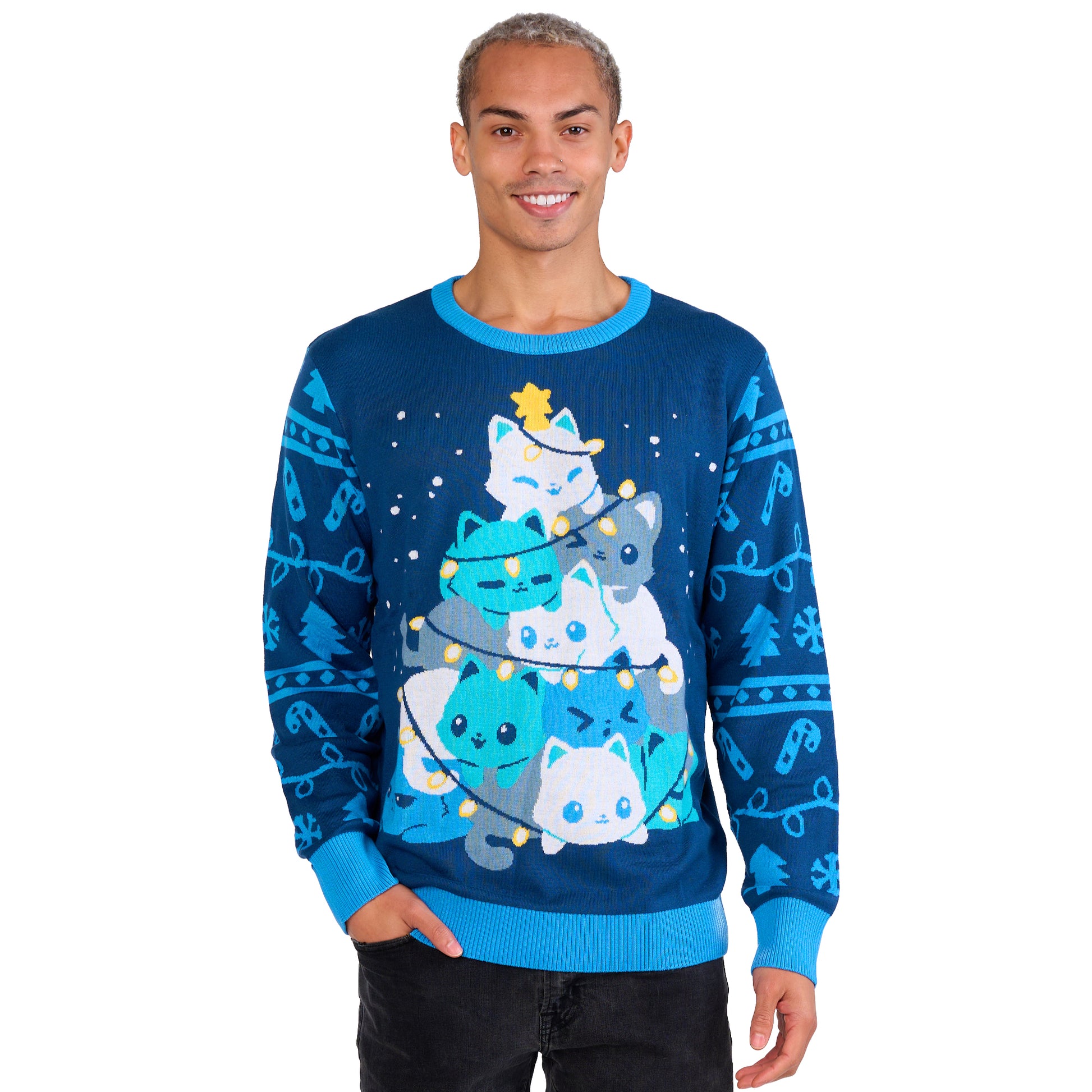 Knit Sweater_TeeTurtle Meowy Christmas Sweater apparel featuring a holiday tree made out of cats.