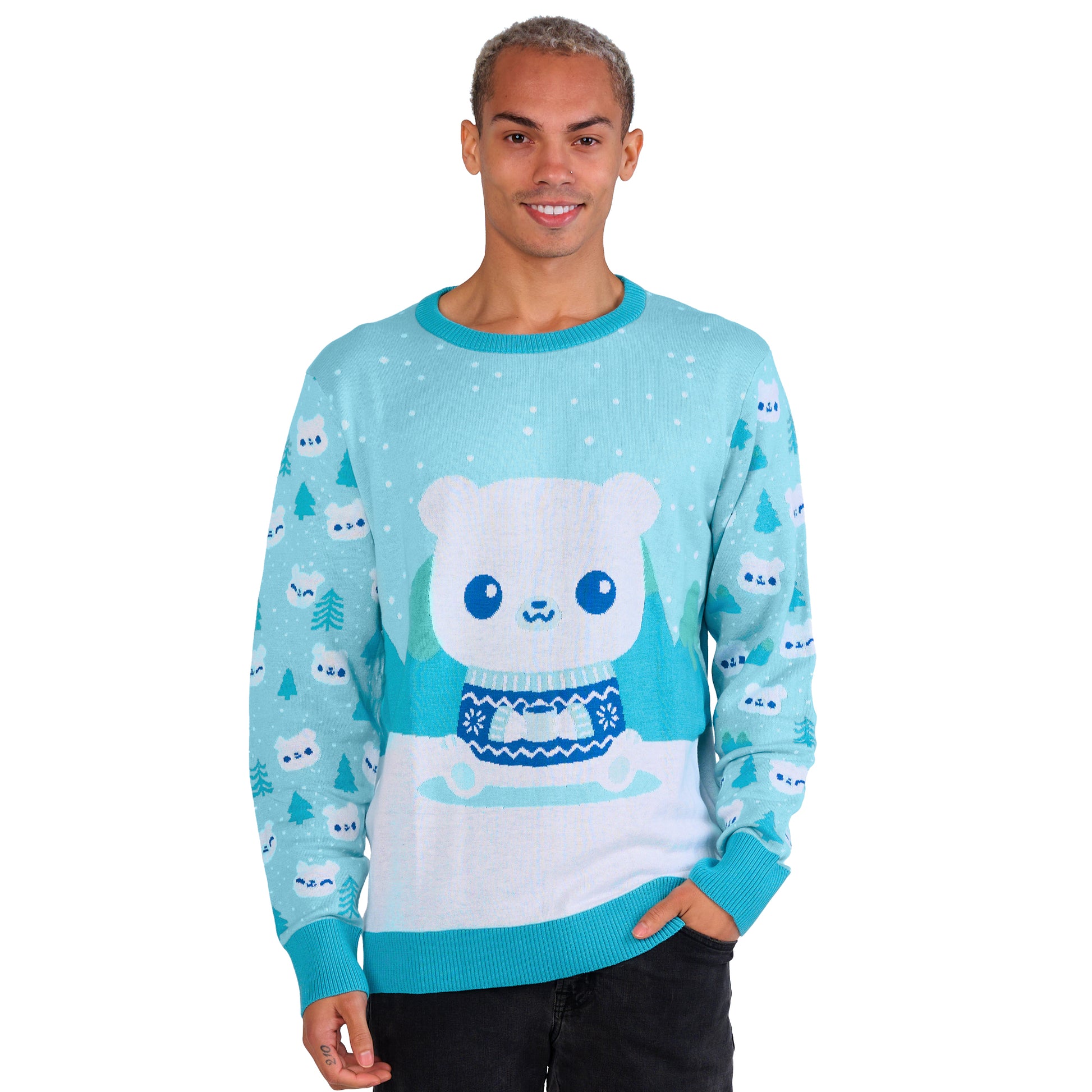 Knit Sweater_TeeTurtle Cozy Polar Bear Sweater apparel featuring a polar bear wearing a sweater sitting in snow.