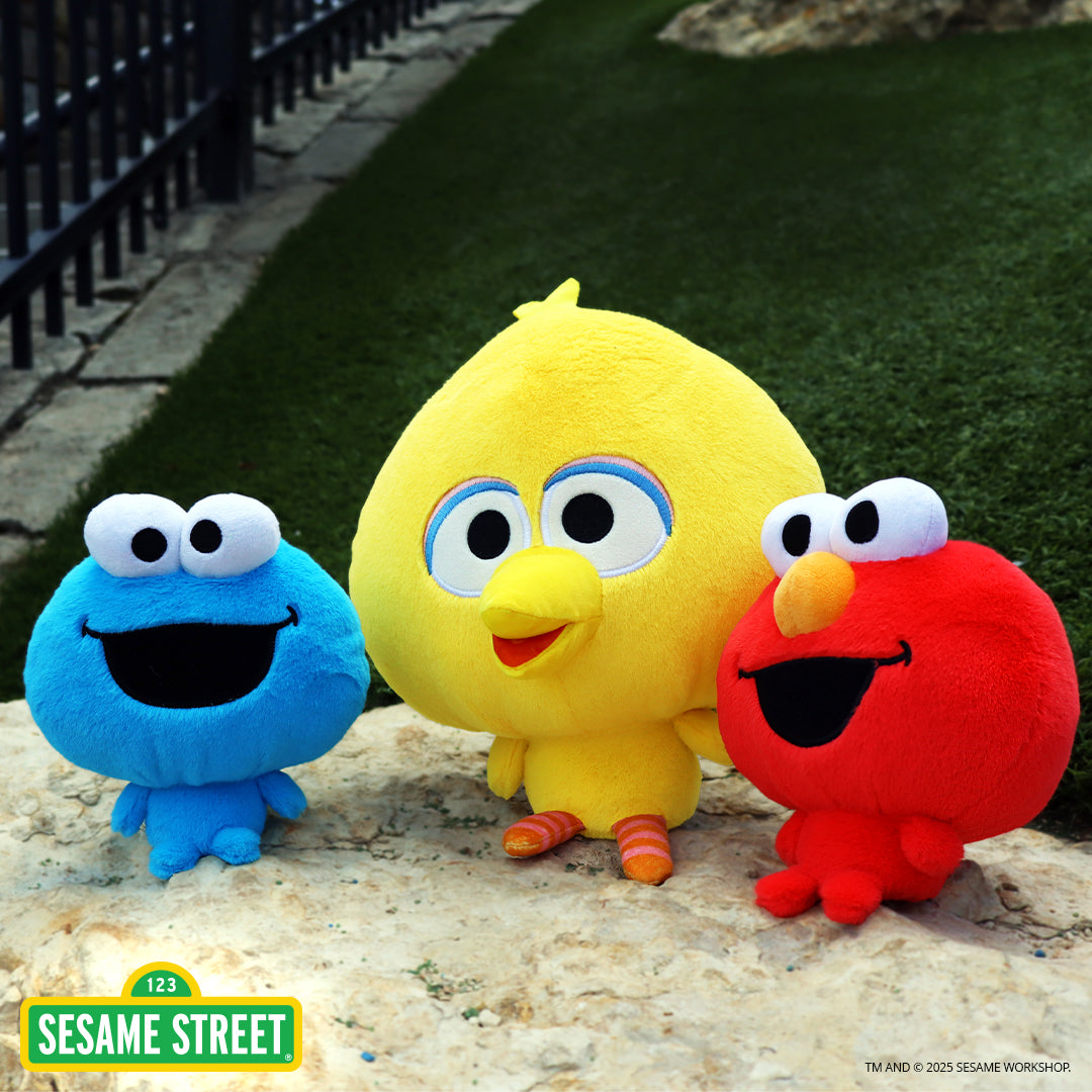 Cloudheads: 5" Cookie Monster, Cloudheads: 8" Big Bird, Cloudheads: 5" Elmo sitting on a rock in a park