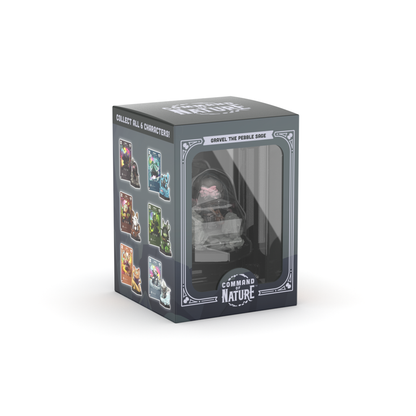 A box displaying a vinyl figure labeled "Gravel the Pebble Sage" from the Command of Nature series by Unstable Games. This charming desk toy package also showcases six other characters to collect, making it a delightful addition for any collector.