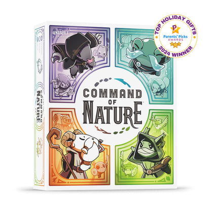 The box of "Command of Nature: Base Game" by Unstable Games showcases illustrated animal characters and strategic gameplay, proudly displaying a "Top Holiday Gifts 2024 Winner" badge. Become the Master of the Elements and guide your Sage factions to victory.