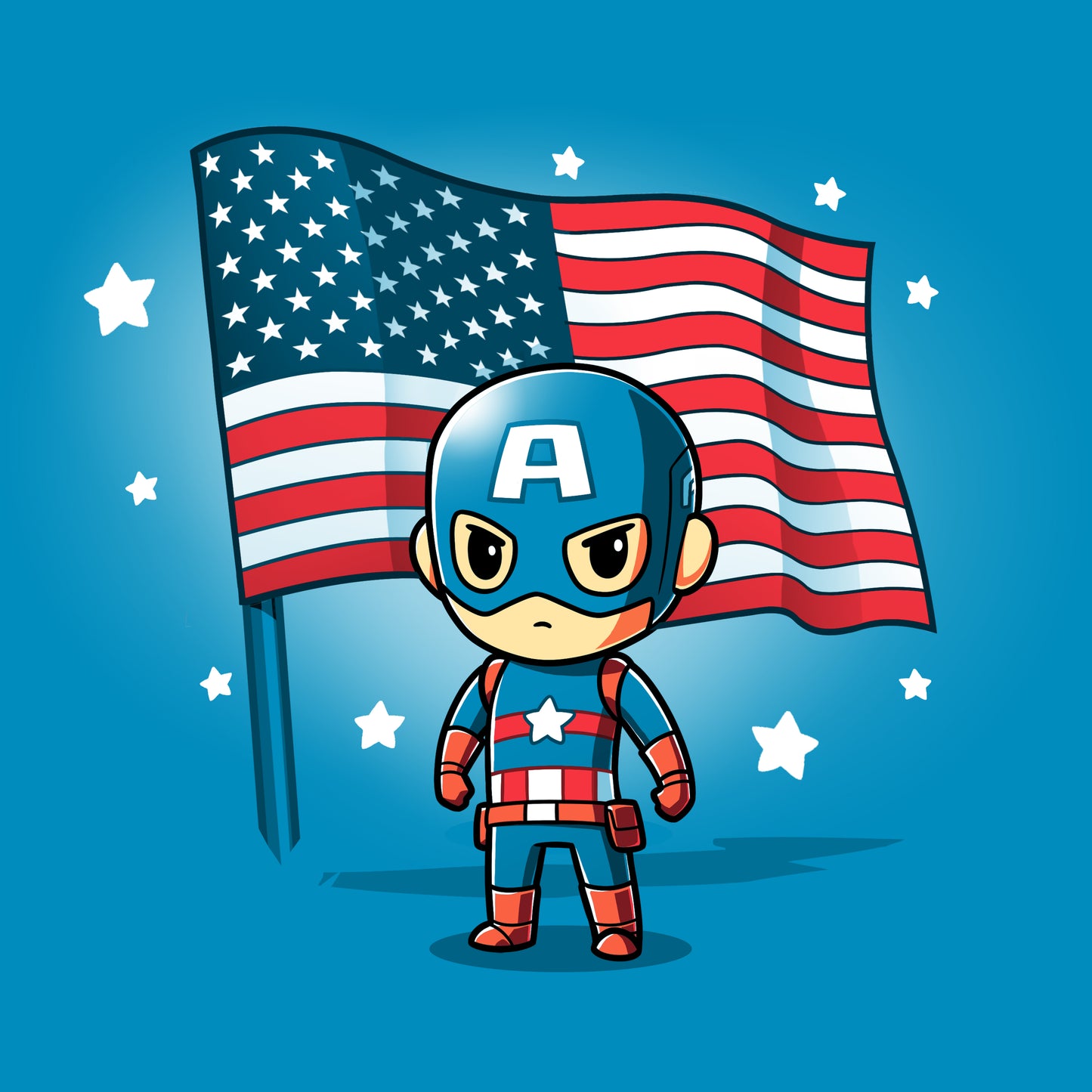 A cartoon Marvel Captain America, authorized and officially licensed, proudly stands next to an American flag.