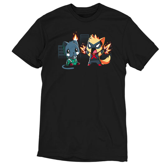 Black unisex tee featuring cartoon-style characters with cat-like appearances, one with fiery elements and the other in a green outfit in front of a burning building. A monsterdigital original Cat Fight that brings some heat to your wardrobe!