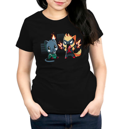 A person is wearing a black unisex tee featuring an illustration of two anthropomorphic characters in superhero costumes, one in a green outfit and the other in an orange and red outfit. This monsterdigital Cat Fight design captures a playful cat fight between the two heroes.