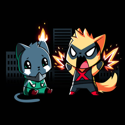 An illustration of two cartoon cats adorns this black unisex tee. The one on the left is sad with a lit tail, while the other is angry, emitting sparks from its hands. Set against a dark cityscape, this monsterdigital Cat Fight captures an intense cat fight moment perfectly.