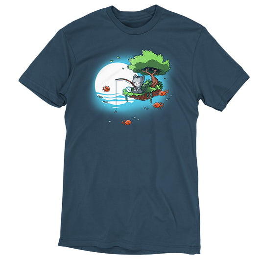 Super soft ringspun cotton graphic t-shirt depicting a cat sitting under a tree on an island, catfishing with a rod surrounded by fish under a full moon. Available in denim blue. Product Name: Cat Fishing Brand Name: monsterdigital