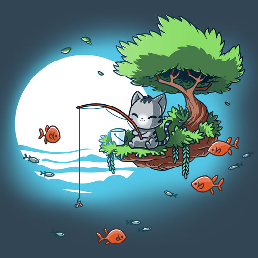 A cartoon cat in a denim blue T-shirt sits on a tree branch over water, fishing with a rod. Surrounding the branch are various colorful fish, and a large, bright moon glows in the background. This picturesque scene is part of the 